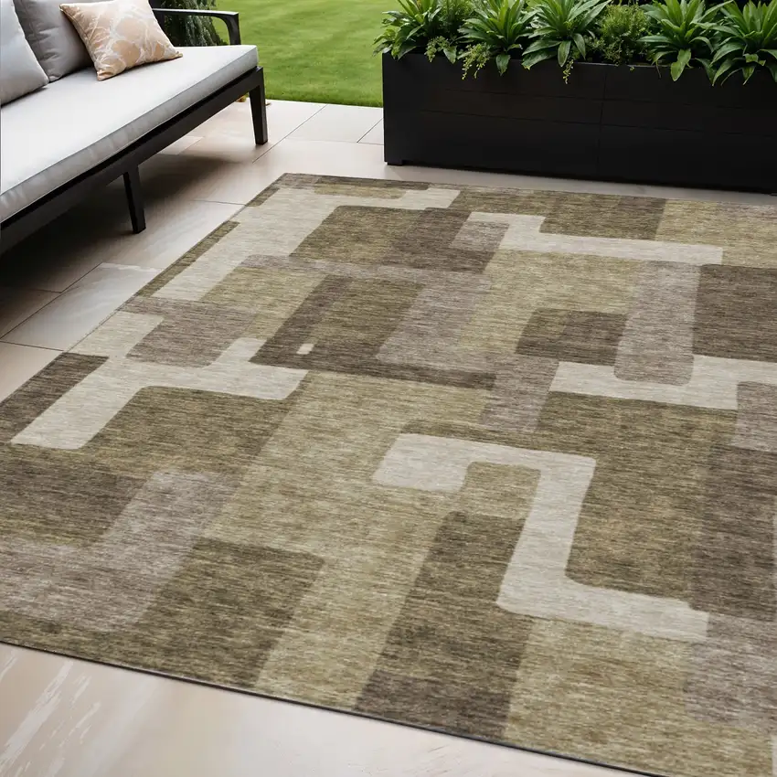Brown And Beige Abstract Washable Indoor Outdoor Area Rug Photo 1