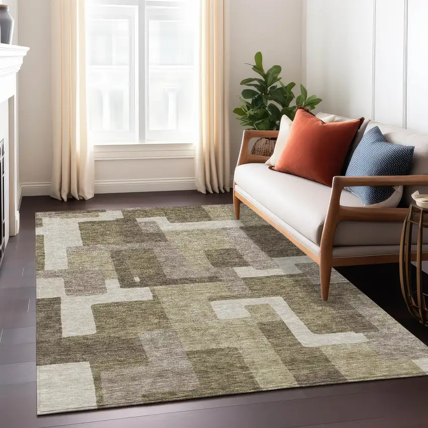 Brown And Beige Abstract Washable Indoor Outdoor Area Rug Photo 8