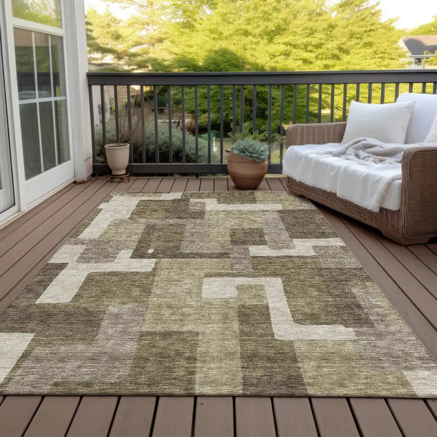 Brown And Beige Abstract Washable Indoor Outdoor Area Rug Photo 6