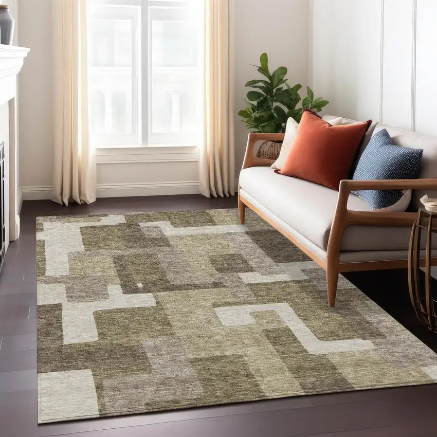 Brown And Beige Abstract Washable Indoor Outdoor Area Rug Photo 8