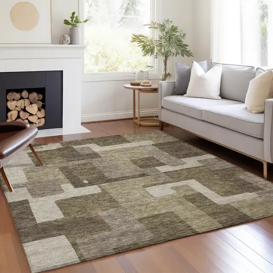 Brown And Beige Abstract Washable Indoor Outdoor Area Rug Photo 7