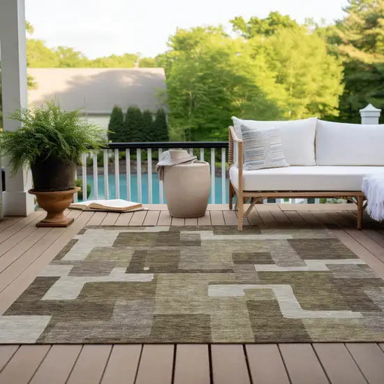 Brown And Beige Abstract Washable Indoor Outdoor Area Rug Photo 9