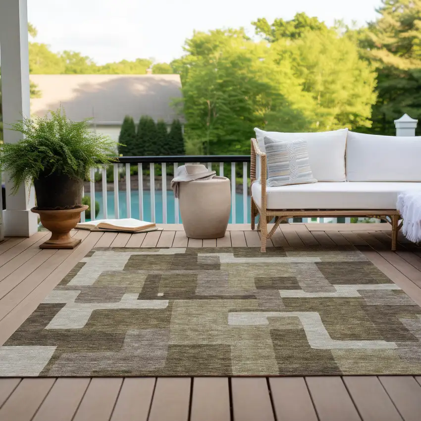 Brown And Beige Abstract Washable Indoor Outdoor Area Rug Photo 9