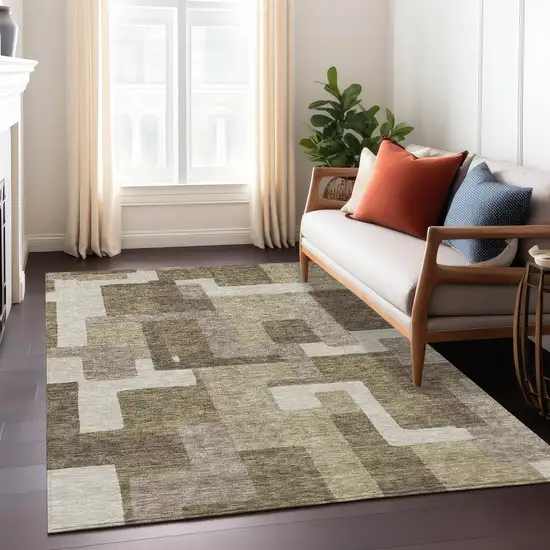 Brown And Beige Abstract Washable Indoor Outdoor Area Rug Photo 8