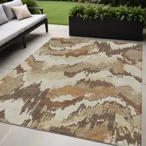 Photo of Brown And Beige Abstract Washable Indoor Outdoor Area Rug