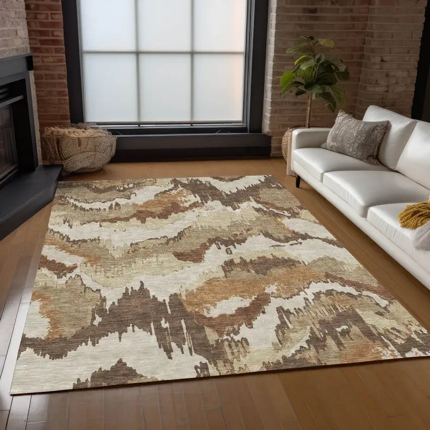 Brown And Beige Abstract Washable Indoor Outdoor Area Rug Photo 9