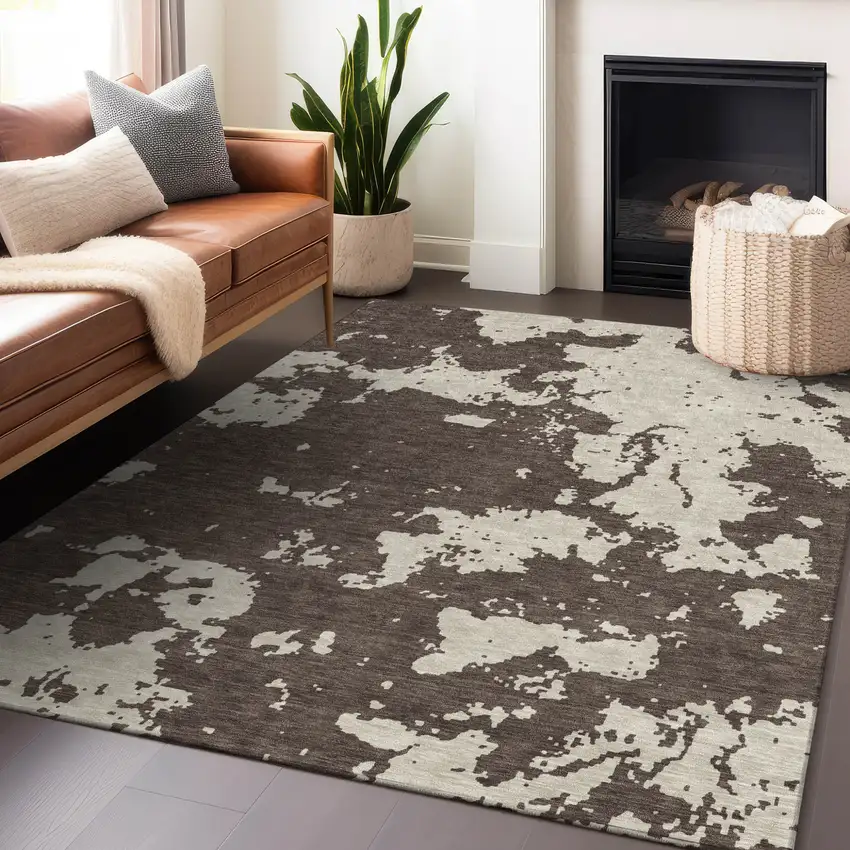 Brown And Beige Abstract Washable Indoor Outdoor Area Rug Photo 9