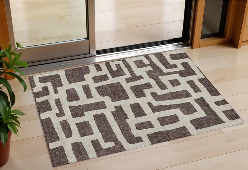 Brown And Beige Abstract Washable Indoor Outdoor Area Rug Photo 1
