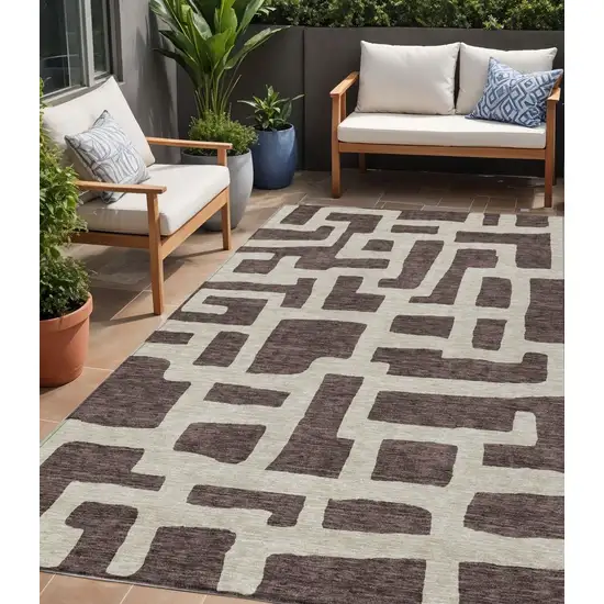 Brown And Beige Abstract Washable Indoor Outdoor Area Rug Photo 1