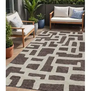 Photo of Brown And Beige Abstract Washable Indoor Outdoor Area Rug
