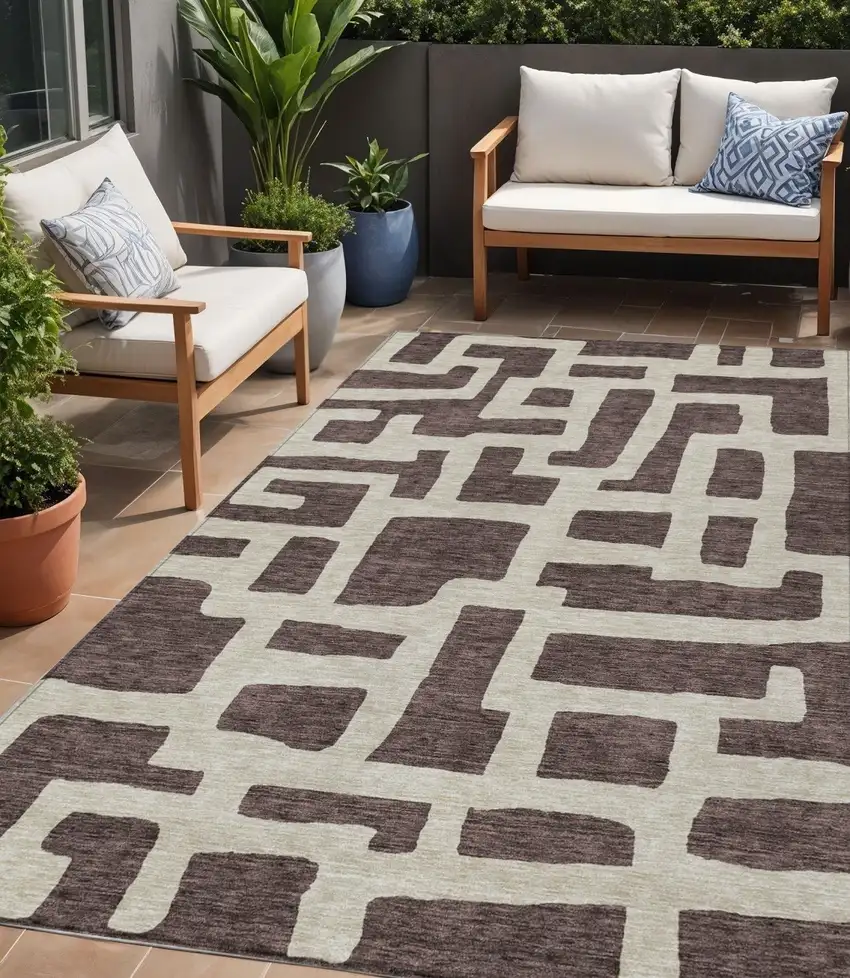 Brown And Beige Abstract Washable Indoor Outdoor Area Rug Photo 1