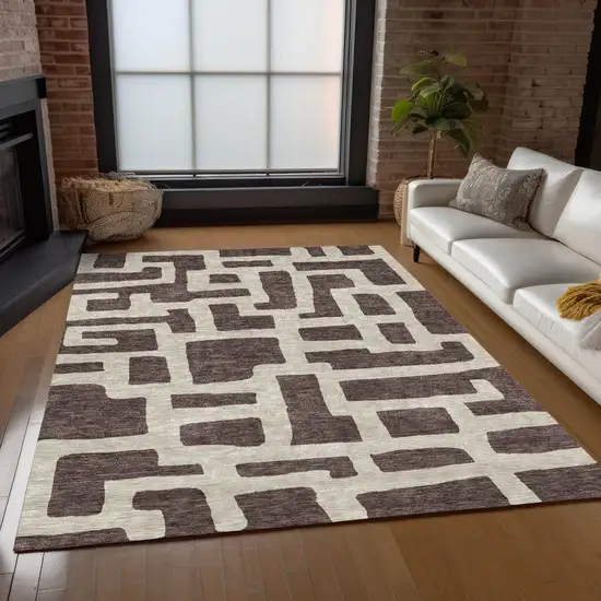 Brown And Beige Abstract Washable Indoor Outdoor Area Rug Photo 9