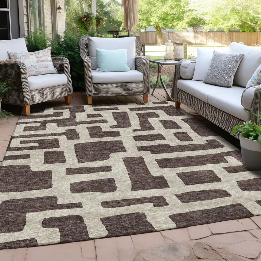 Brown And Beige Abstract Washable Indoor Outdoor Area Rug Photo 8