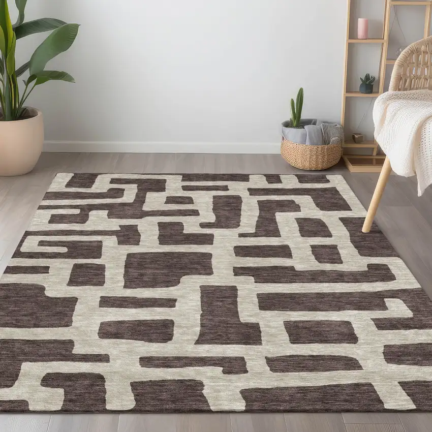 Brown And Beige Abstract Washable Indoor Outdoor Area Rug Photo 9