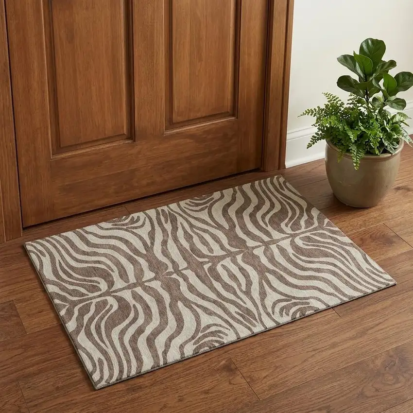 Brown And Beige Animal Print Washable Area Rug With UV Protection Photo 1