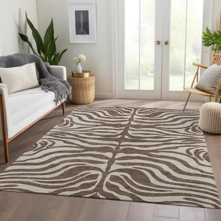 Brown And Beige Animal Print Washable Area Rug With UV Protection Photo 5