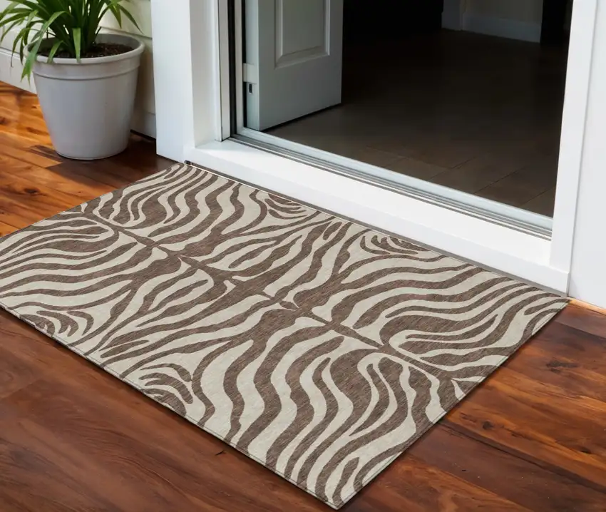 Brown And Beige Animal Print Washable Indoor Outdoor Area Rug Photo 1