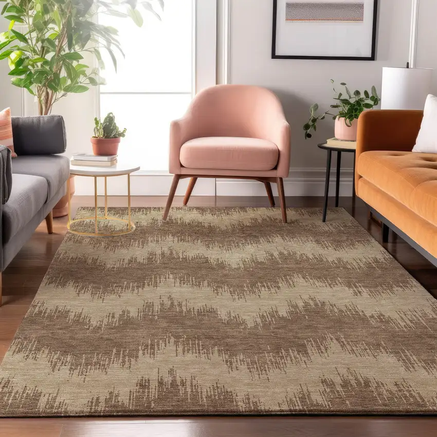 Brown And Beige Chevron Washable Area Rug With UV Protection Photo 5