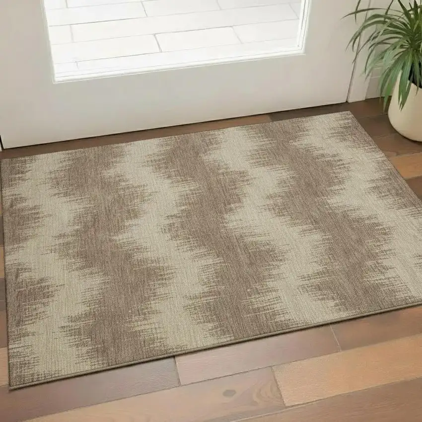 Brown And Beige Chevron Washable Area Rug With UV Protection Photo 2