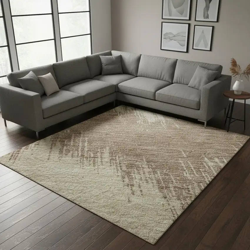 Brown And Beige Chevron Washable Area Rug With UV Protection Photo 2