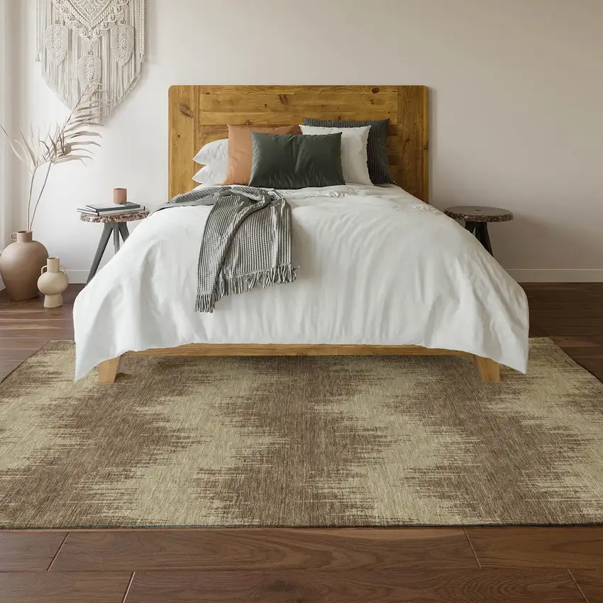 Brown And Beige Chevron Washable Area Rug With UV Protection Photo 6