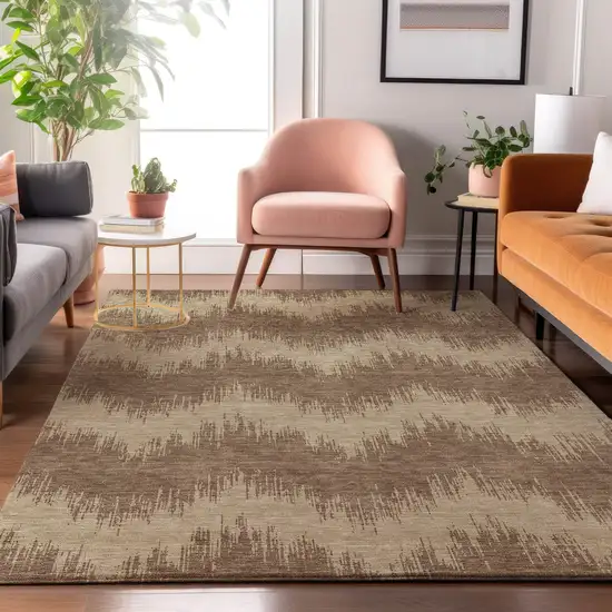 Brown And Beige Chevron Washable Area Rug With UV Protection Photo 4
