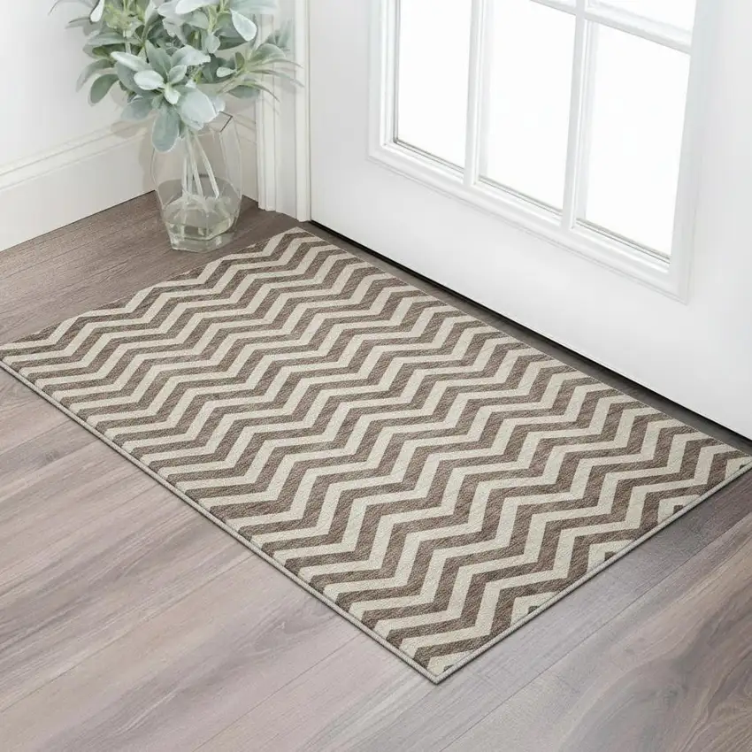 Brown And Beige Chevron Washable Area Rug With UV Protection Photo 2