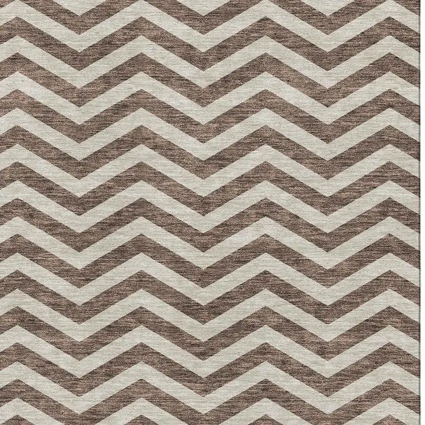 Brown And Beige Chevron Washable Area Rug With UV Protection Photo 3