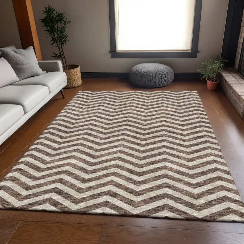 Brown And Beige Chevron Washable Area Rug With UV Protection Photo 6
