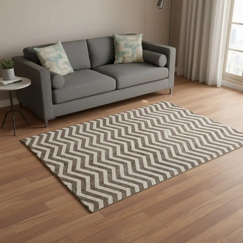 Brown And Beige Chevron Washable Area Rug With UV Protection Photo 2