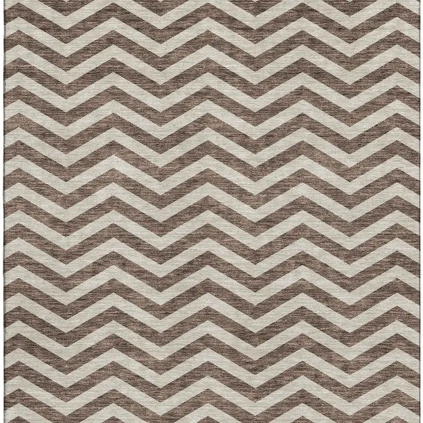 Brown And Beige Chevron Washable Area Rug With UV Protection Photo 4