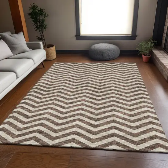 Brown And Beige Chevron Washable Area Rug With UV Protection Photo 6