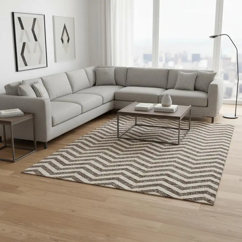 Brown And Beige Chevron Washable Area Rug With UV Protection Photo 2