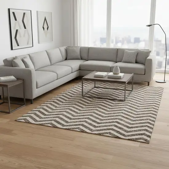 Brown And Beige Chevron Washable Area Rug With UV Protection Photo 2