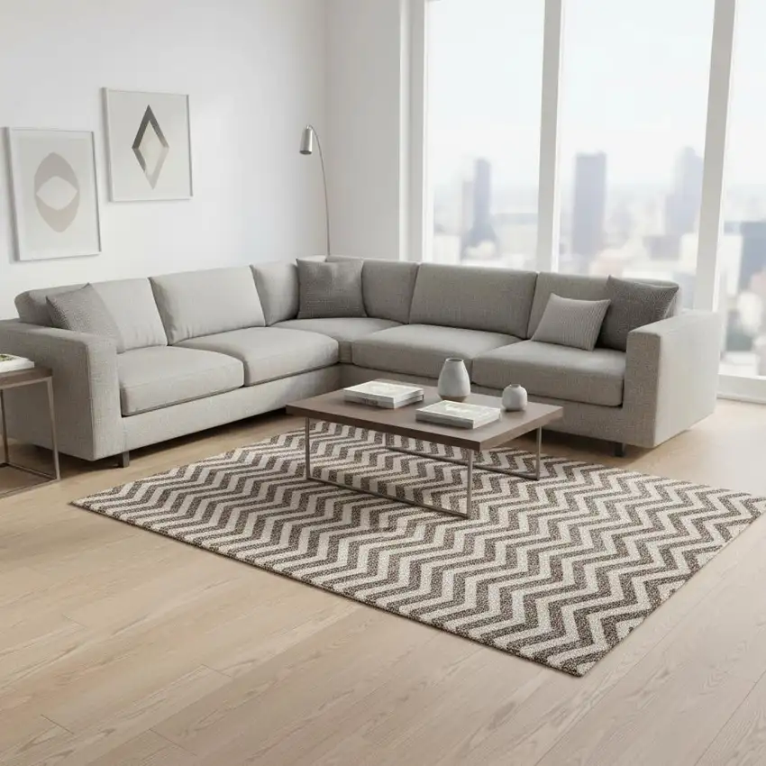 Brown And Beige Chevron Washable Area Rug With UV Protection Photo 2