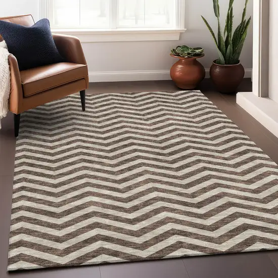 Brown And Beige Chevron Washable Area Rug With UV Protection Photo 5