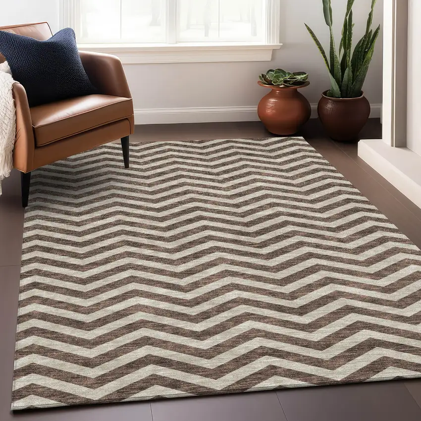 Brown And Beige Chevron Washable Area Rug With UV Protection Photo 5