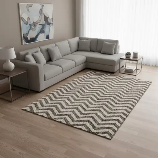 Brown And Beige Chevron Washable Area Rug With UV Protection Photo 2