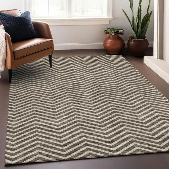 Brown And Beige Chevron Washable Area Rug With UV Protection Photo 4