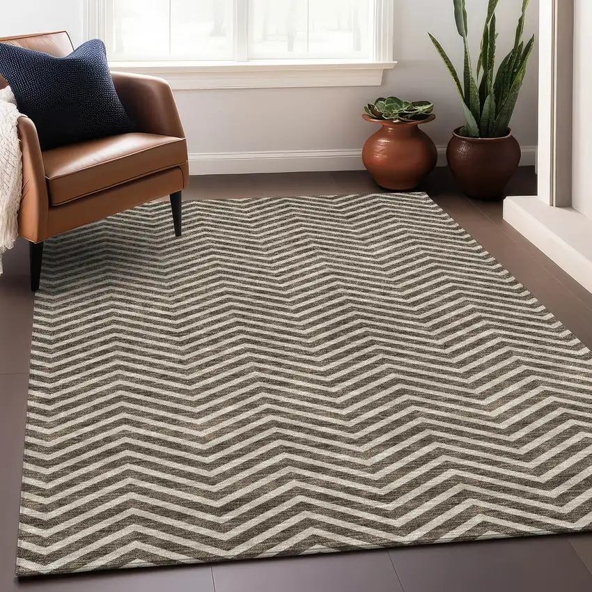 Brown And Beige Chevron Washable Area Rug With UV Protection Photo 4