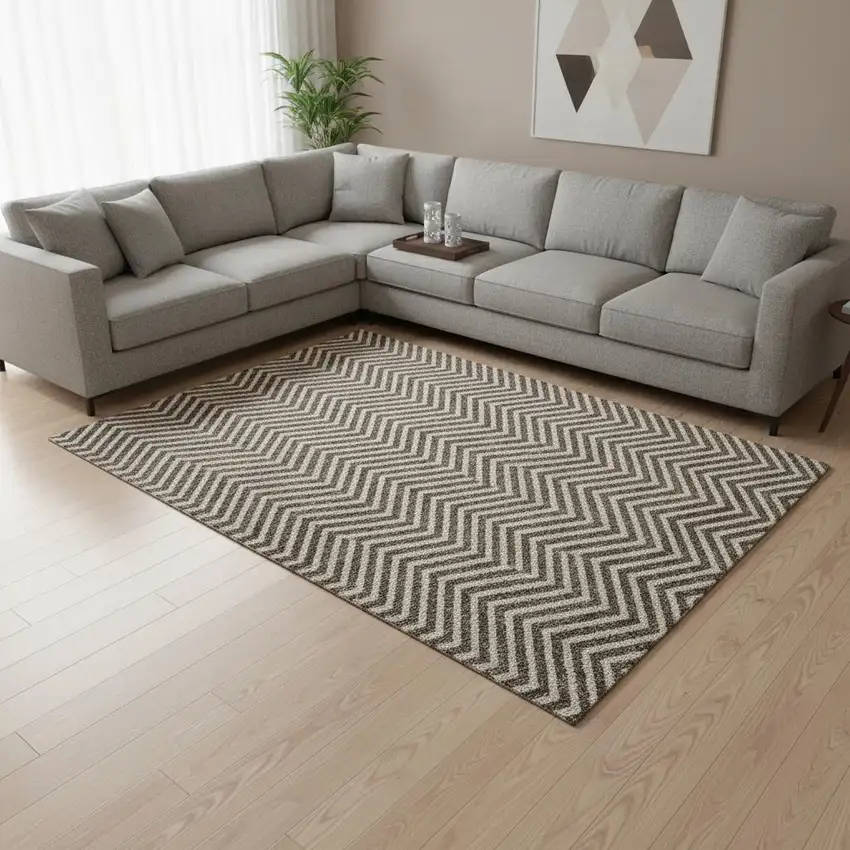 Brown And Beige Chevron Washable Area Rug With UV Protection Photo 2