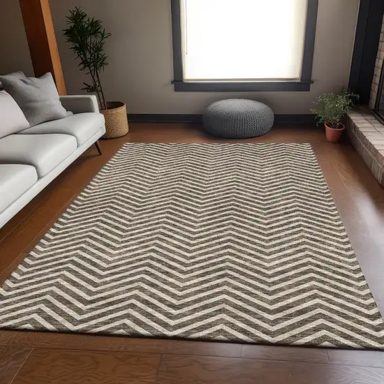 Brown And Beige Chevron Washable Area Rug With UV Protection Photo 5