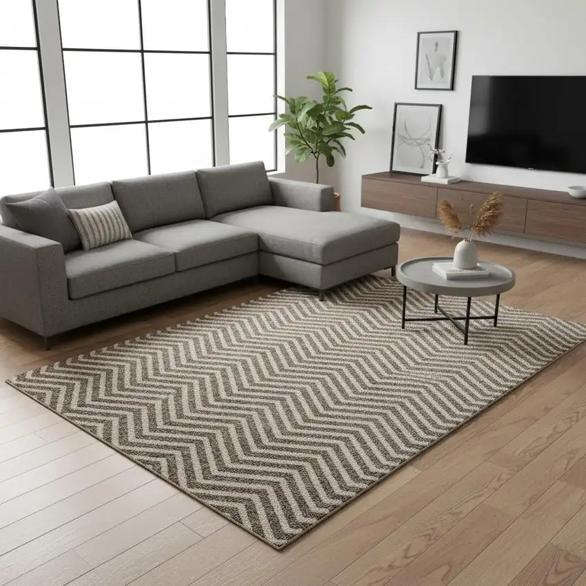 Brown And Beige Chevron Washable Area Rug With UV Protection Photo 2