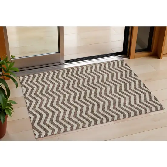 Brown And Beige Chevron Washable Indoor Outdoor Area Rug Photo 1