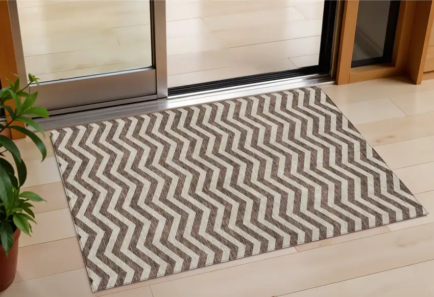 Brown And Beige Chevron Washable Indoor Outdoor Area Rug Photo 1