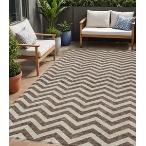 Photo of Brown And Beige Chevron Washable Indoor Outdoor Area Rug