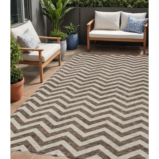 Brown And Beige Chevron Washable Indoor Outdoor Area Rug Photo 1