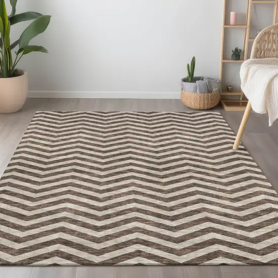 Brown And Beige Chevron Washable Indoor Outdoor Area Rug Photo 9