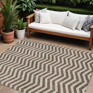 Photo of Brown And Beige Chevron Washable Indoor Outdoor Area Rug