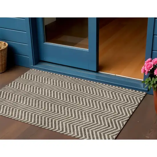 Brown And Beige Chevron Washable Indoor Outdoor Area Rug Photo 1